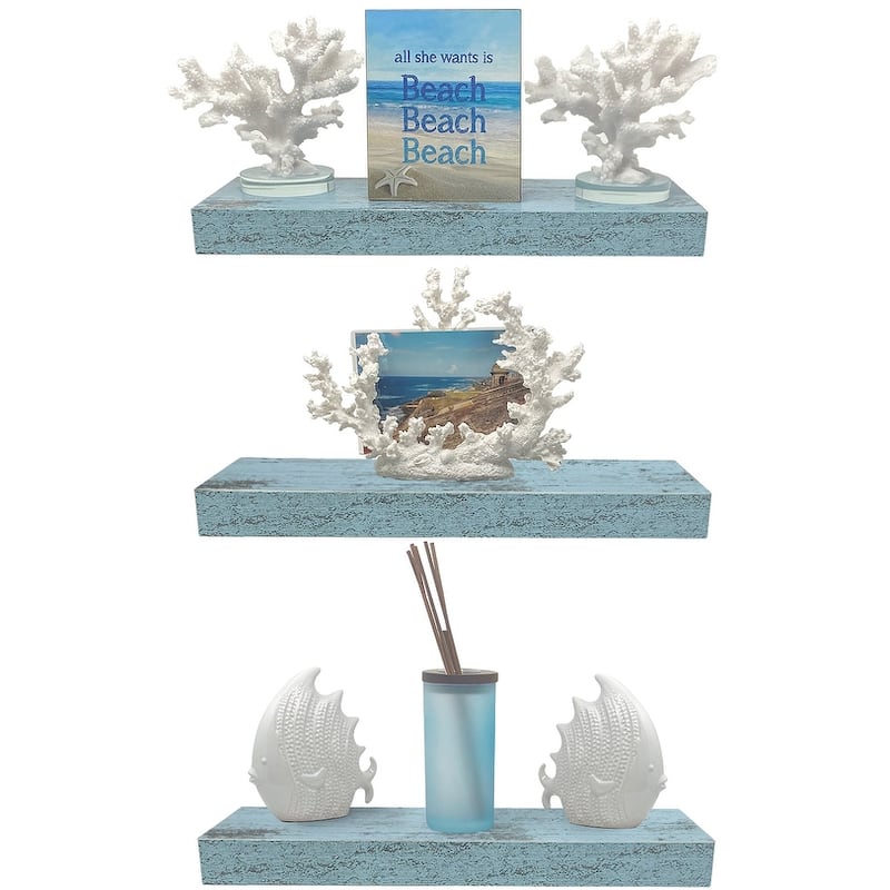 Floating Shelf Set, Rustic Wood Beach Style Hanging Wall Shelves - 3-Pack - Blue