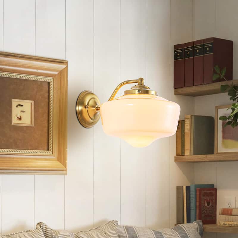 9.8 in. 1-Light Vintage Black/Gold Dimmable Wall Sconce With Milky White Glass Shade for Bedroom - Gold/White