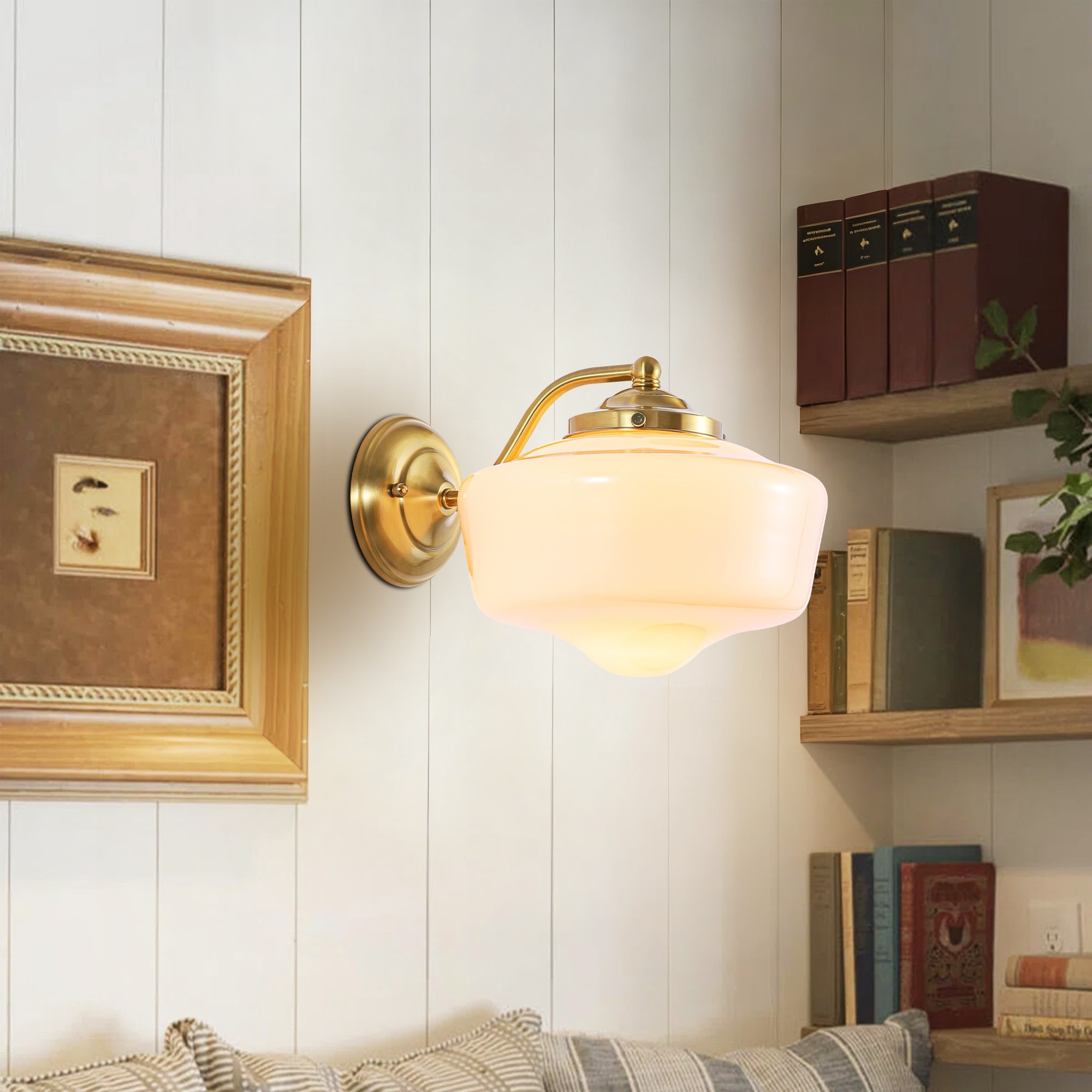 Rennnsan 1-Light Vintage Black/Gold Dimmable Wall Sconce With Milky White Glass Shade for Bedroom