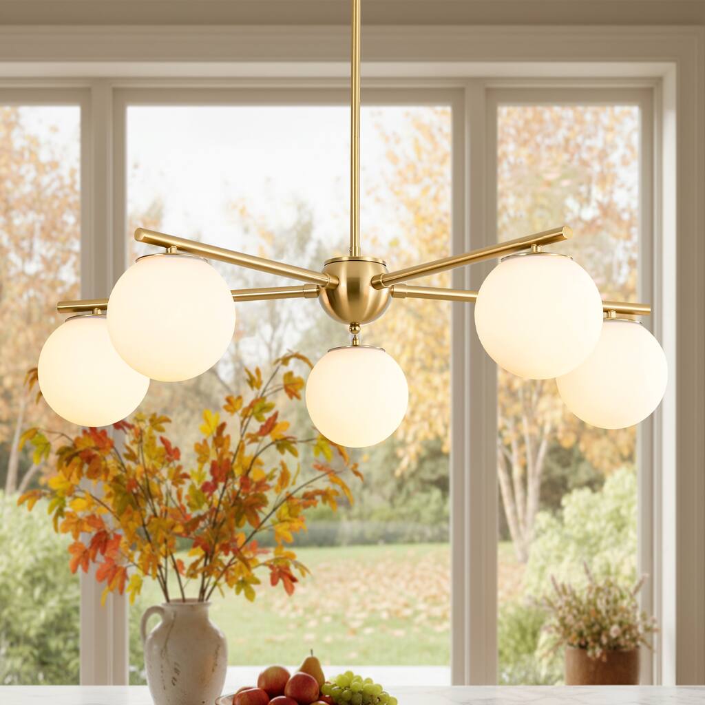 5-Light Brass Globe Chandelier, Modern Mid-Century Pendant for Living Room & Dining Room - 5 Light