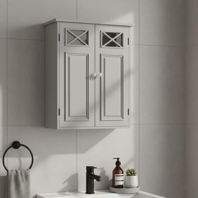 Teamson Home Dawson 2-Door Gray Bathroom Wall Cabinet, Removable Glass Panel, Adjustable Shelf, Cross Molding Storage - Colored - Grey