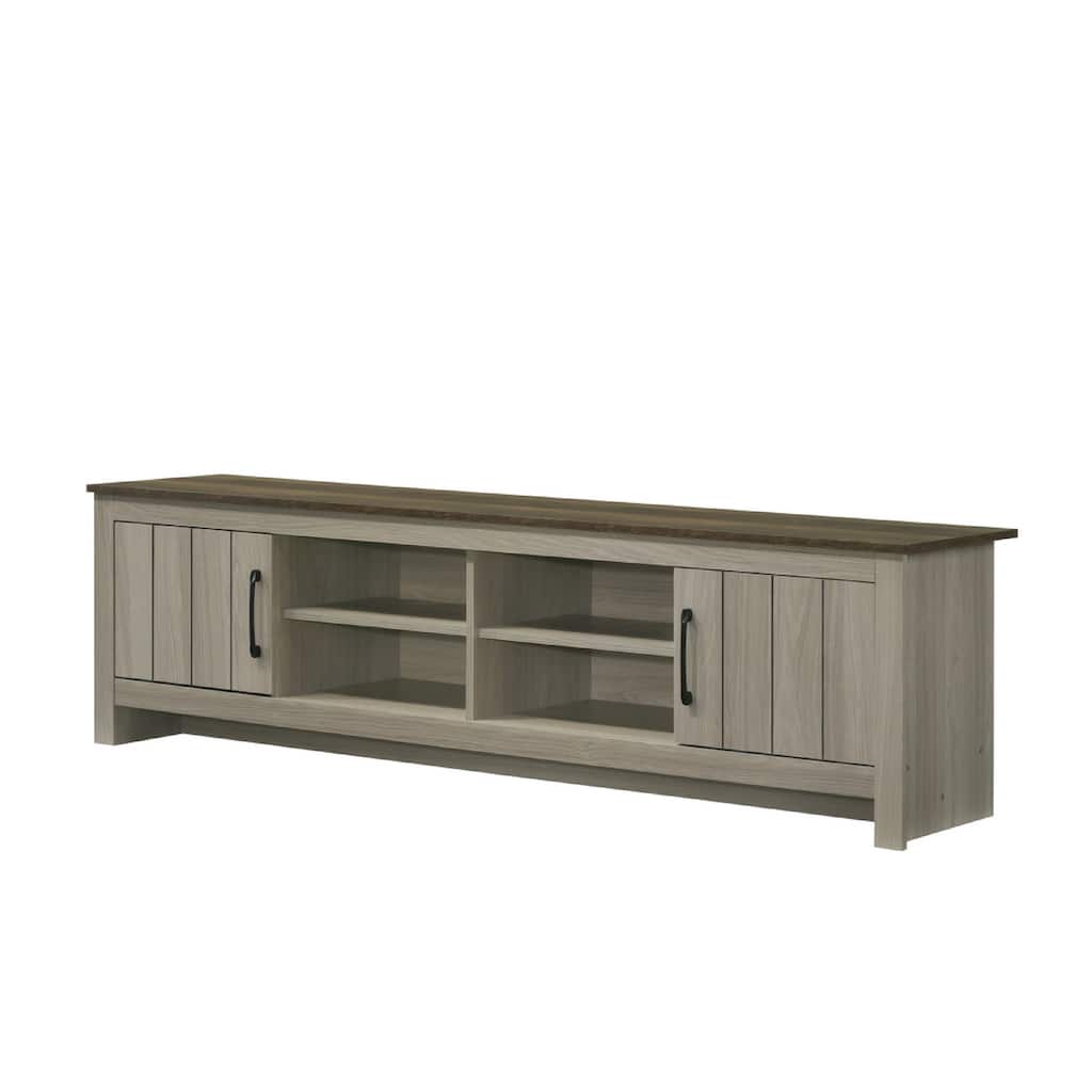 Nena TV Stand Cabinet, 2 Cabinet Doors, Brown Wood Top, Oak Gray