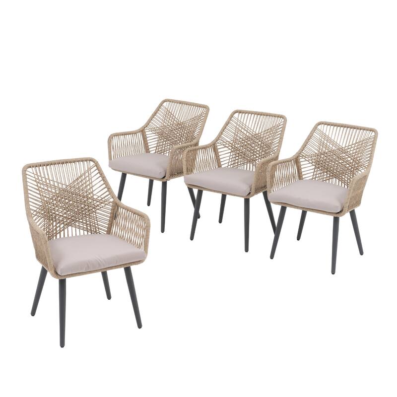 Outdoor Patio Woven Rope Dining Chairs With Armrest and Seat Cushions