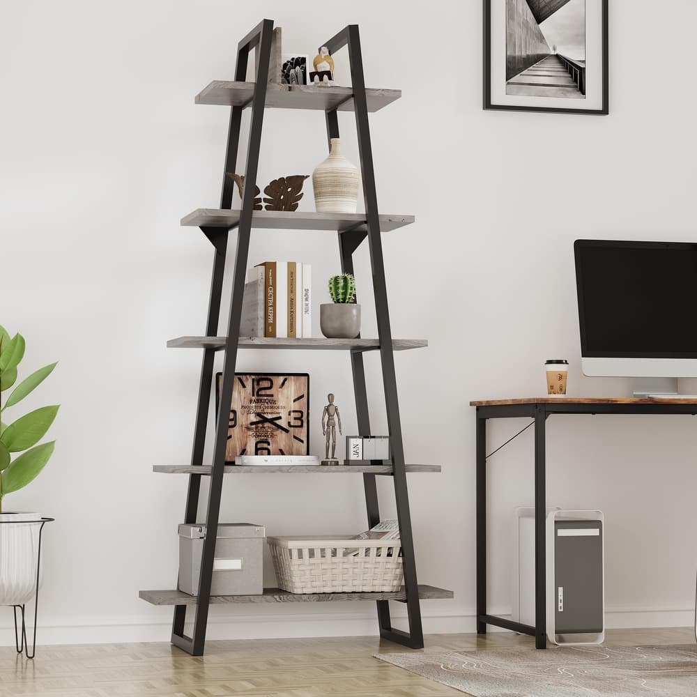 Wood 5 Tier Bookshelf Bookcase Ladder