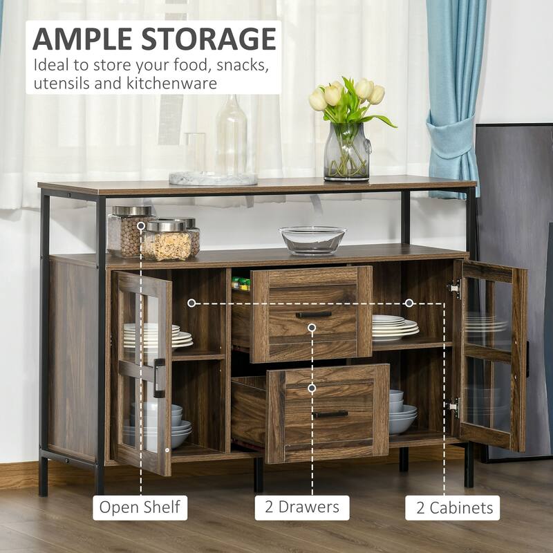 HOMCOM Rustic Kitchen Sideboard, Serving Buffet Cabinet with Adjustable Shelves, Glass Doors, and 2 Drawers