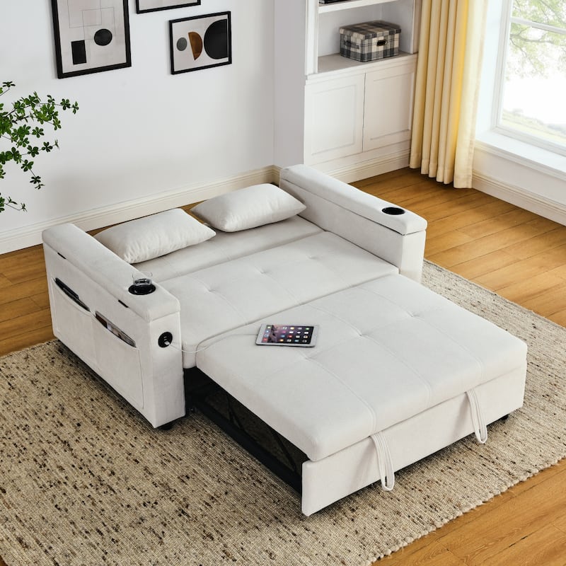Sleeper Sofa Couch Bed, Pull Out Loveseat with Storage, Convertible Sleeper Sofa w/ Side Pockets, Adjustable Backrest & USB Port