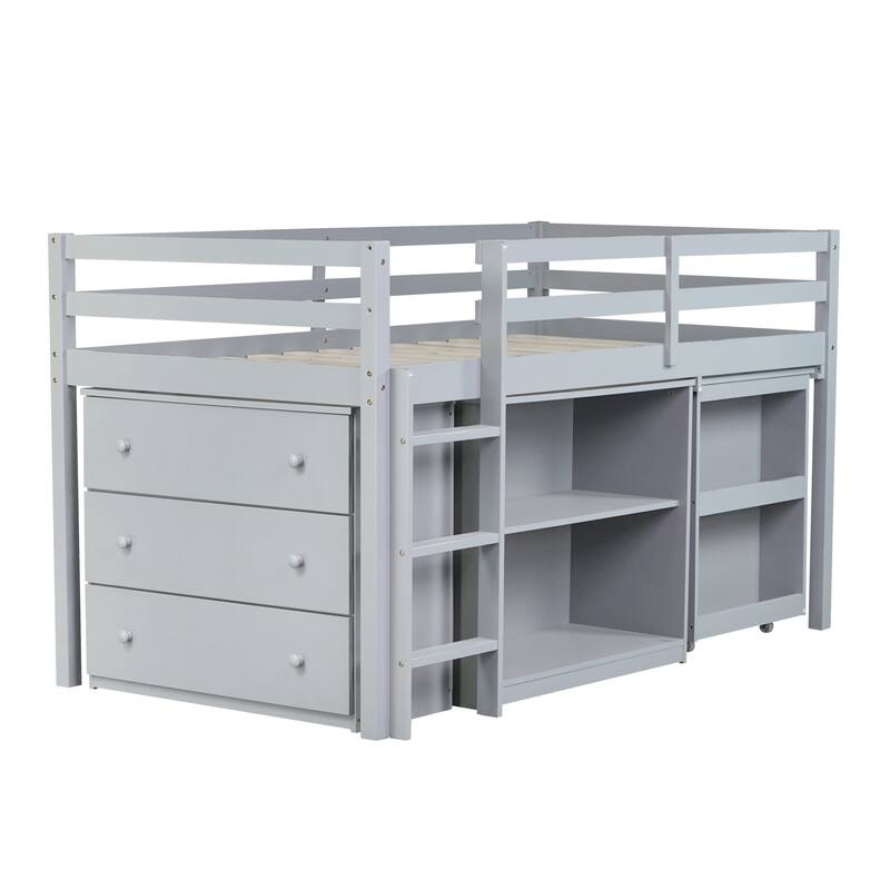 Twin Rubber Wood Loft Bed with Drawer Cabinet, Shelf,Pulling -Out Desk