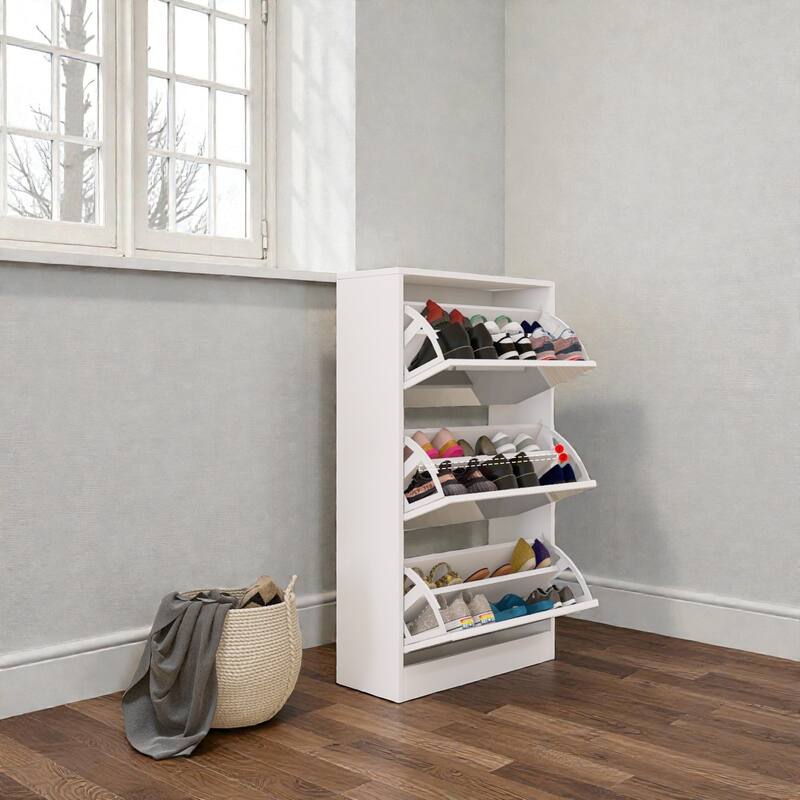 Narrow Mirrored Shoe Storage Cabinet, Slim 3-Tier Pull-Down Shoe Rack Organizer for Entryway, Hallway & Small Apartments