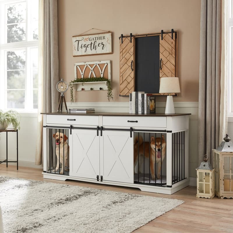 Wood Barn Door Large Dog Crate Furniture With 2 Drawers and Divider - Off-white