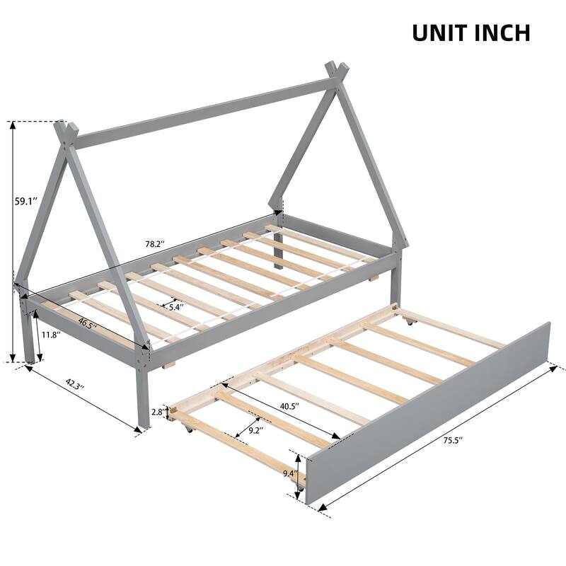 Twin size Tent Floor Bed, Teepee Bed, with Trundle