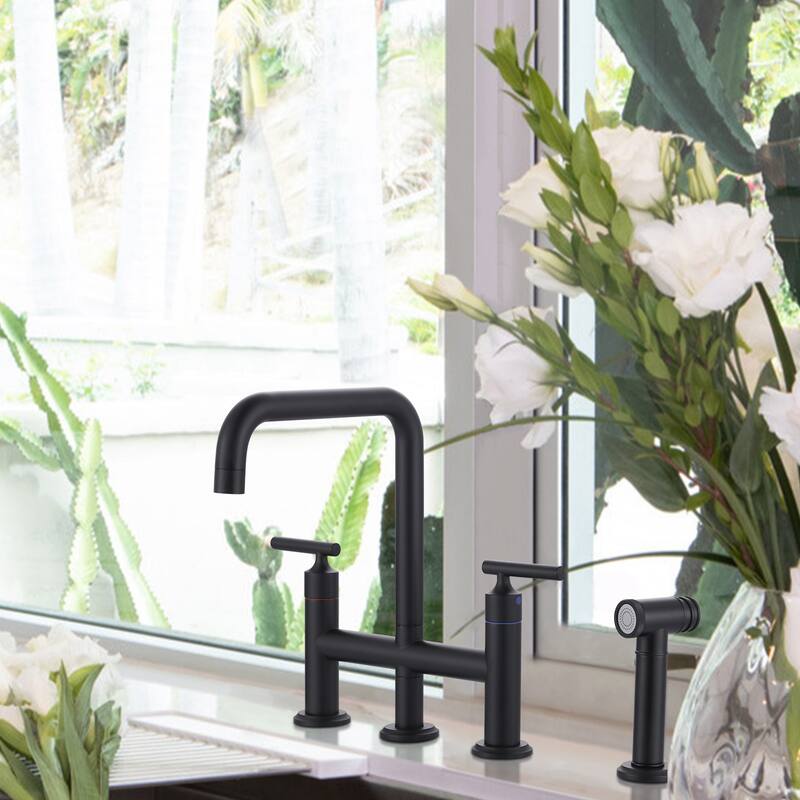 WOWOW Double Handle Bridge Kitchen Faucet with Side Sprayer