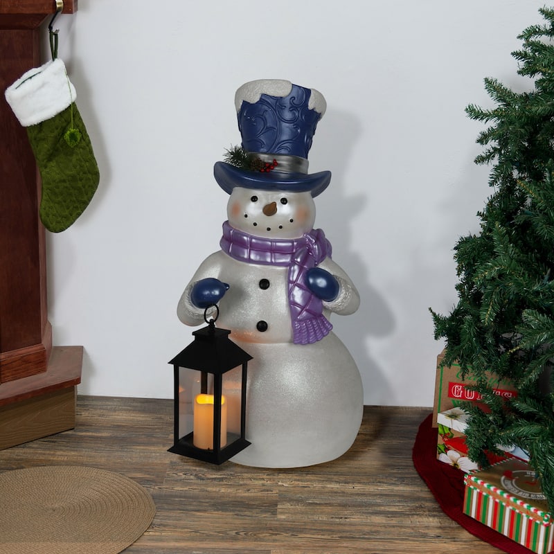 Lavender Winter Snowman Holding Lantern Statue w/Flash LED-LG - 36" H