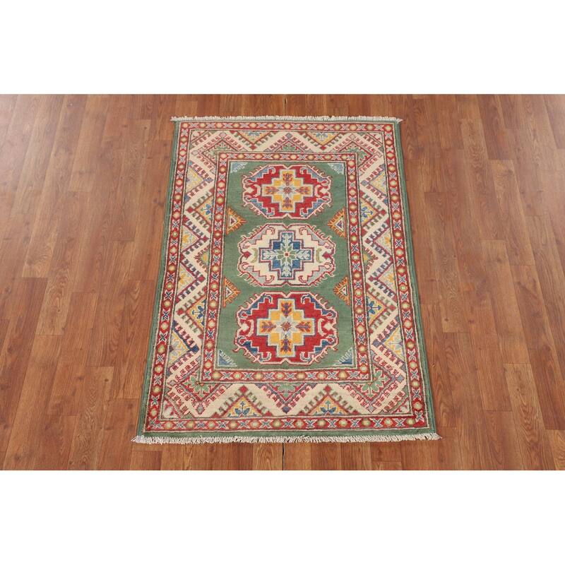 Green Geometric Kazak Accent Rug Hand-Knotted Wool Carpet - 2'9" x 3'11"