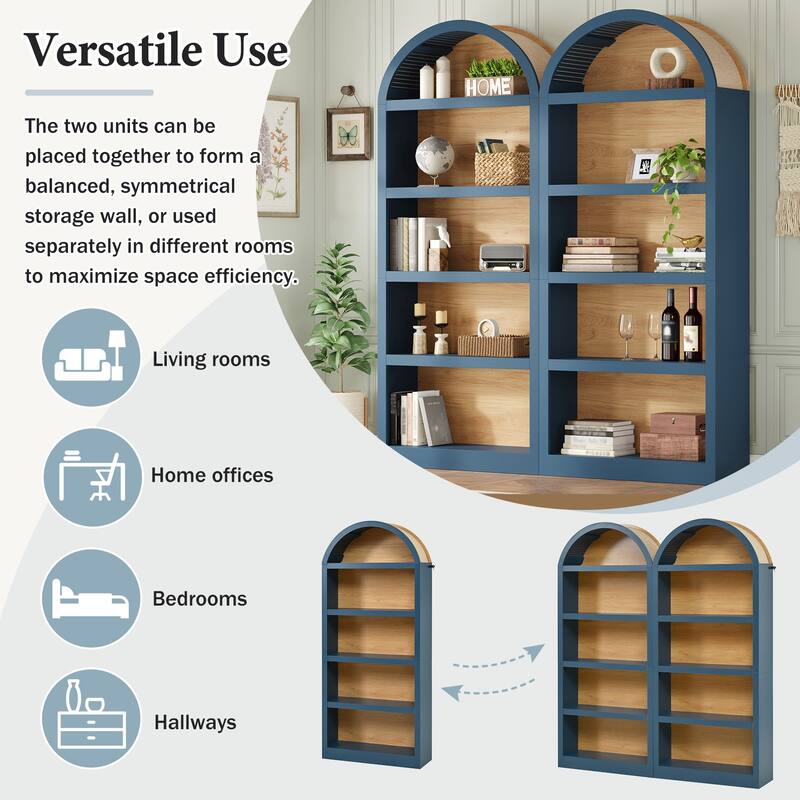 Freestanding Tall Bookshelves Set of 2, Farmhouse Two-Tone Open Storage Cabinet with Fabric Arched Top, 5-Tier Display Bookcase