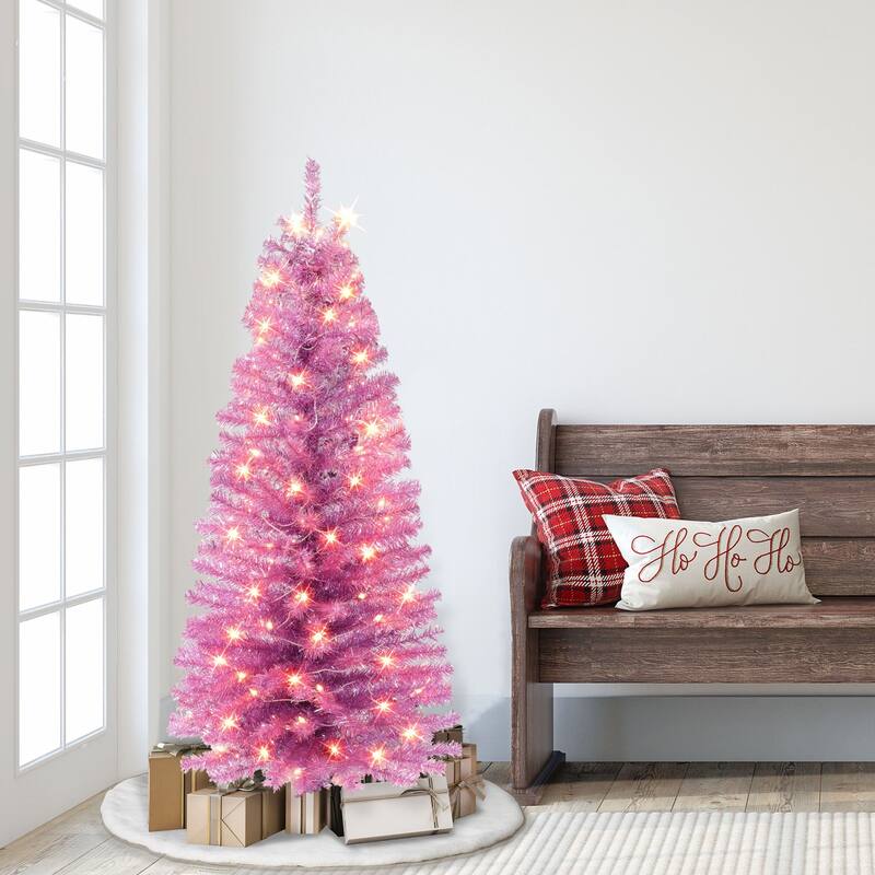 4.5' Pre-lit Pink Tinsel Slim Artificial Christmas Tree, Clear Lights - 4.5 Foot