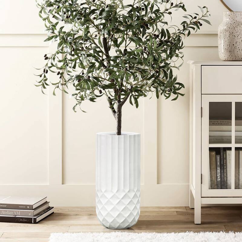 Handmade White Geometric Pattern Fiber Stone Round Tall Pot Planters - Large  24.88"H