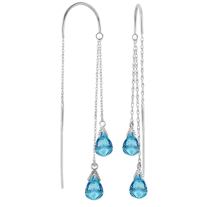 14K Solid Gold Threaded Dangles Gemstone Earrings Blue Topaz Jewelry - White