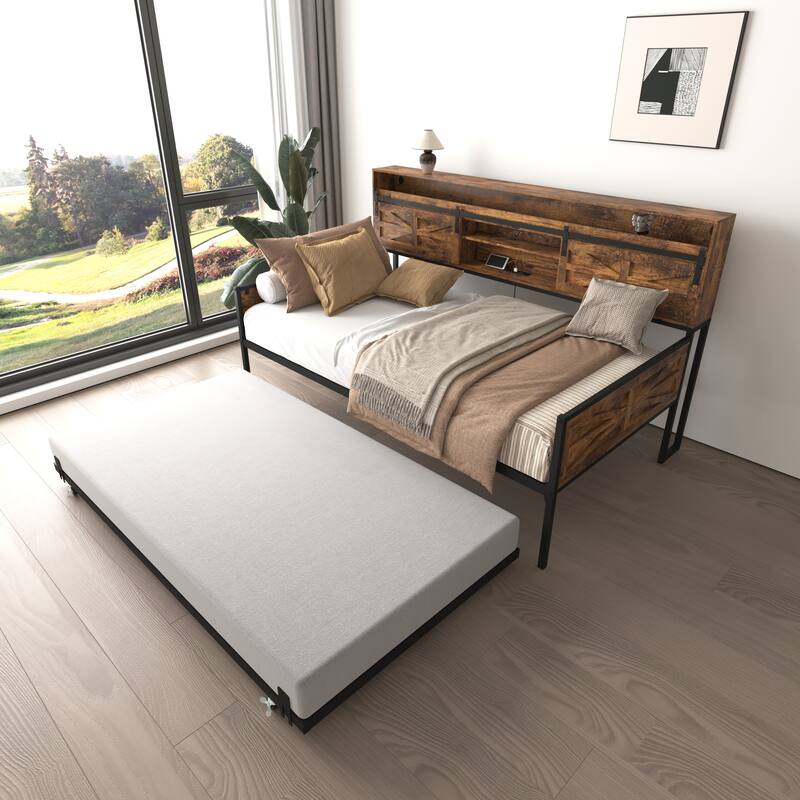 Twin Daybed with Trundle and Charging Station & LED Light