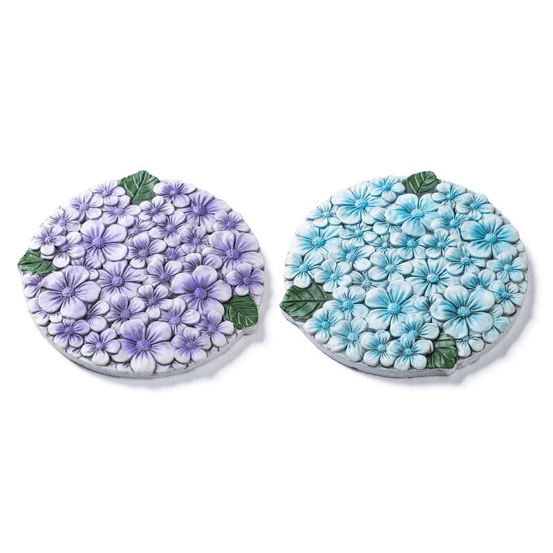 Glitzhome 4-Piece Cement Blue and Purple Hydrangea Textured Stepping Stones - 10 in