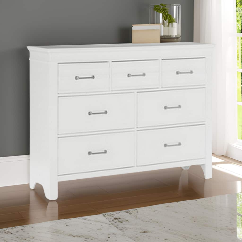 Candy 55 Inch Dresser, 7 Drawers, Nickel Bar Handles, White Solid Wood