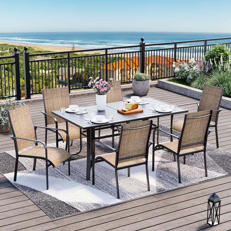 5/7/9-Piece Outdoor Patio Dining Set with Stackable Textilene Chairs and Slatted Table, Furniture with Adjustable Umbrella Hole