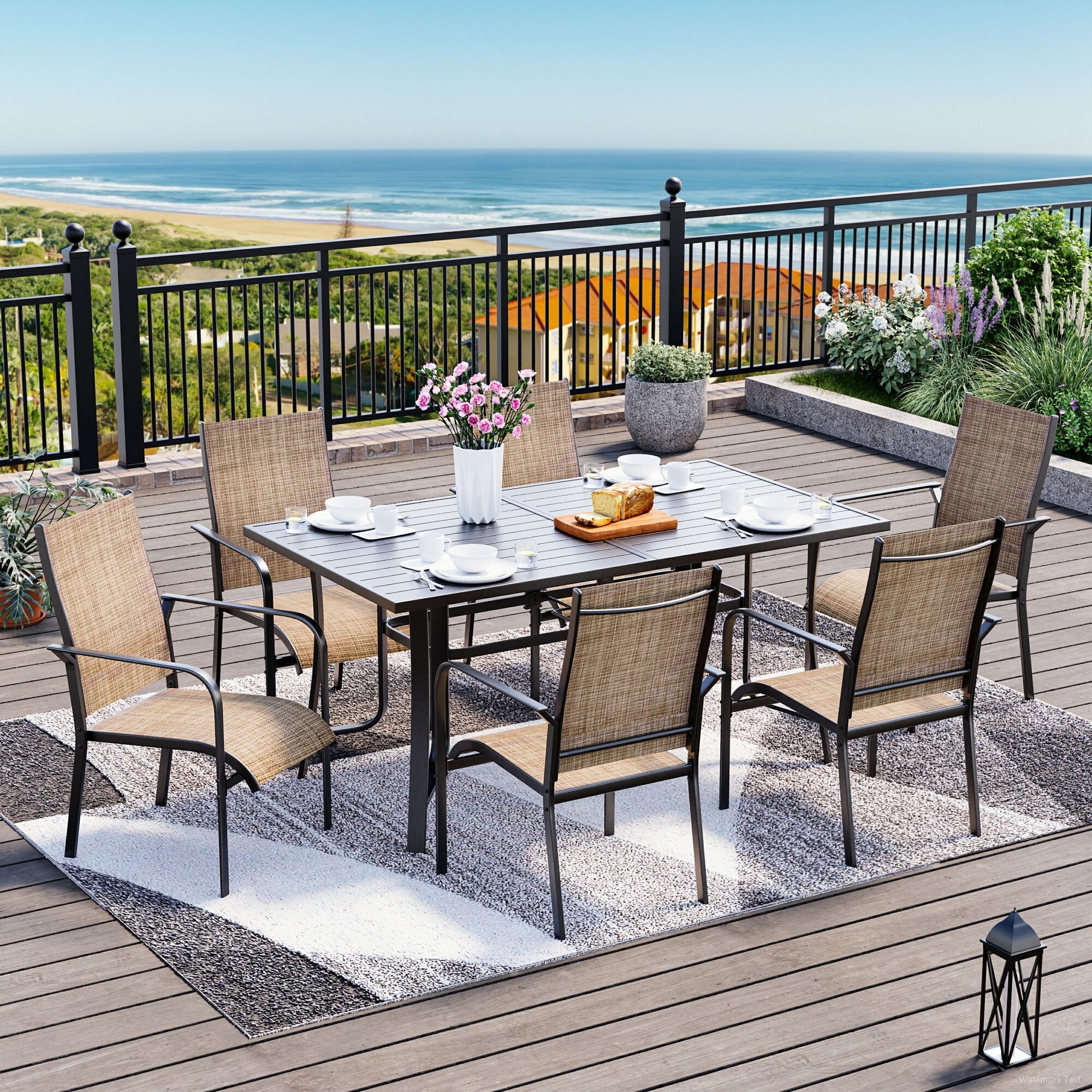 Patio Dining Set w Textilene / Swivel Rocking Chairs, Outdoor Table & Chairs w Adjustable Umbrella Hole, 5/7/9-Piece Garden Set