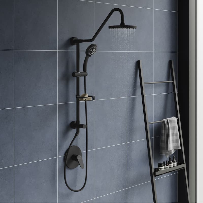 Kauai III 8-in Rain Showerhead Shower System with Slide Bar and Integrated Soap Dish Matte Black