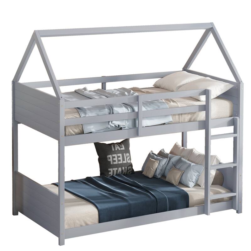 Twin Over Twin House Floor Bunk Bed with Headboards, Footboards, Guardrails, Ladder, Grey