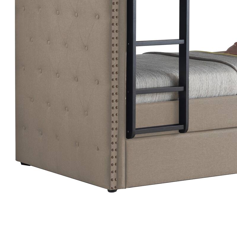 Chesterfield Design Twin Size Bunk Bed with Nailhead Trim, Beige and Black