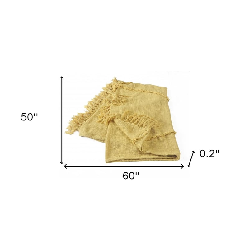 HomeRoots 60" X 50" Yellow Woven Cotton Throw Blanket with Fringe