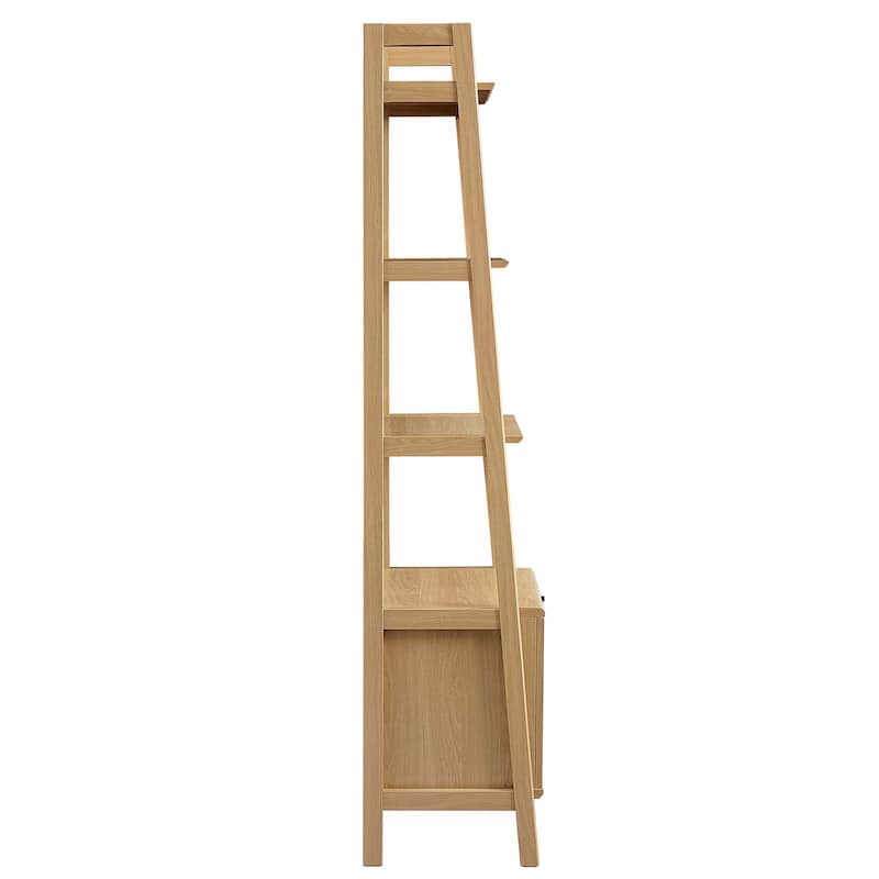 Balsam Sleek 5-Shelf Ladder Oak Wooden Bookcase with Storage Cabinet
