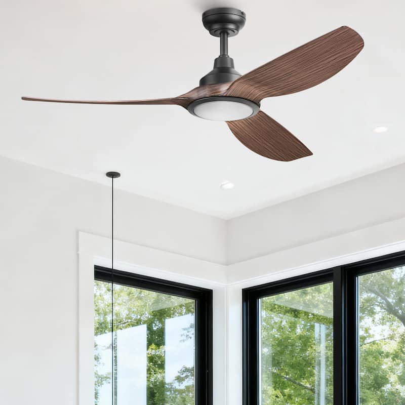 Honeywell "Sirro" 52-Inch Matte Black with Chocolate Auburn Blades Damp Rated Ceiling Fan with Dimmable LED Light