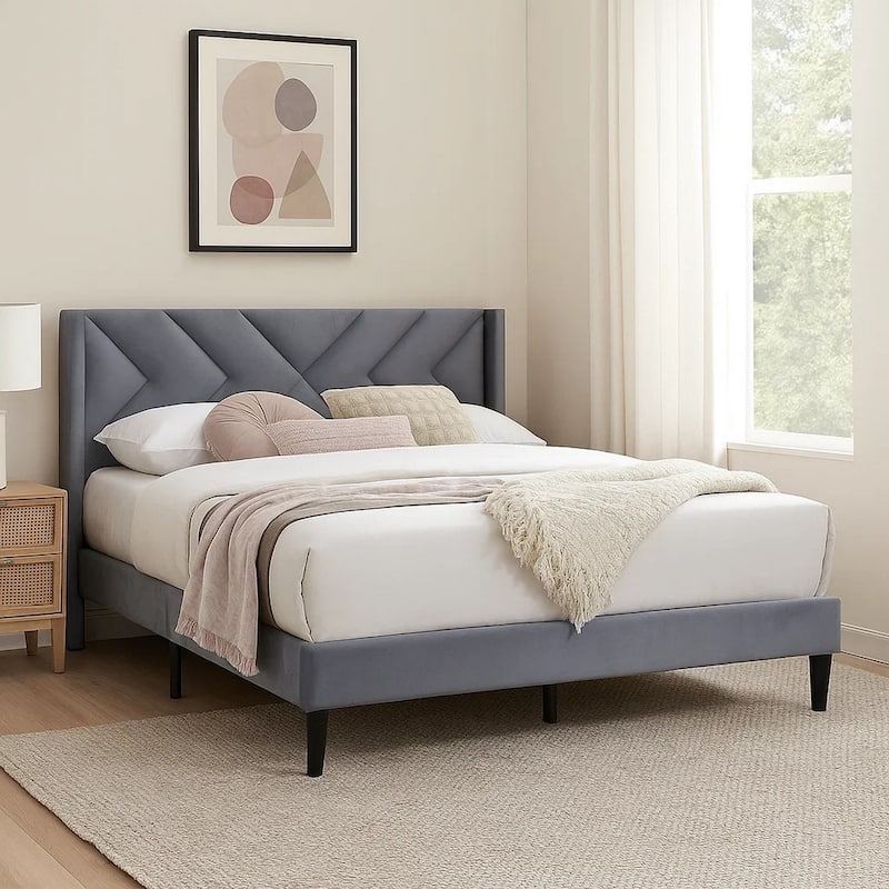 Niasa Full Size Bed, Chevron Tufted Gray Velvet Upholstered Foam