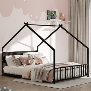 Kids House Bed with Canopy,LED Lights and Sturdy Construction,Full-Size