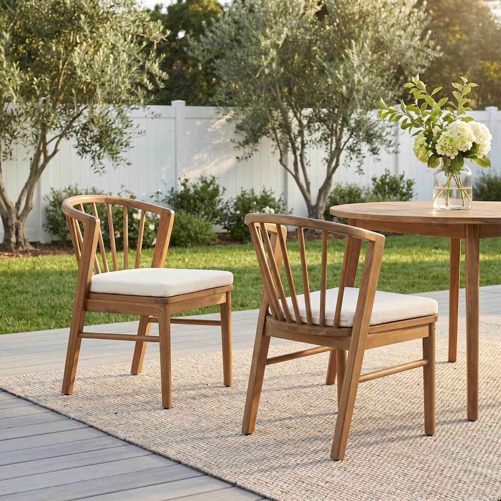 Set of 2, Outdoor Wood Dining Chairs with Slatted Back and Cushions