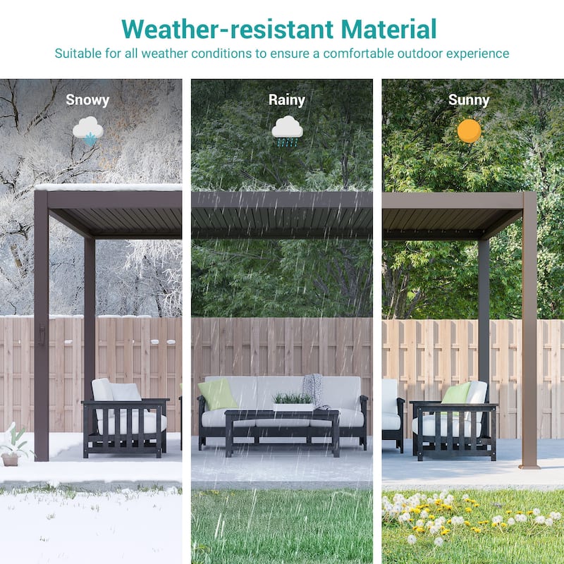 BONOSUKI Outdoor Aluminized Steel LED Louvered Pergola with Adjustable Roof, Brown