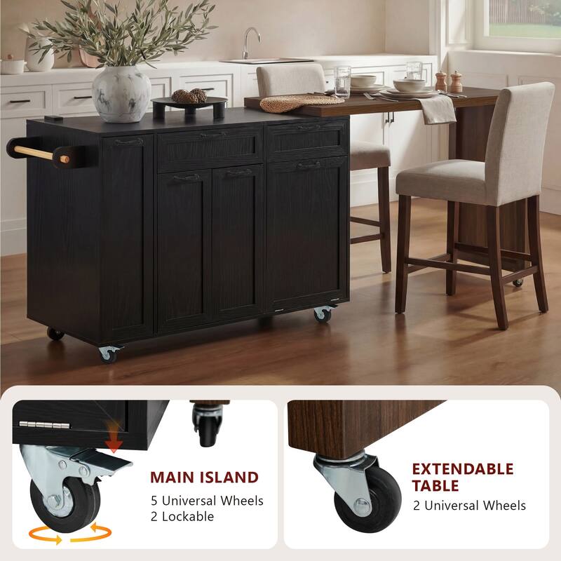 102.3" Kitchen Island with Extendable Table, Kitchen Rolling Island Cart with Trash Storage Cabinet, 3-Tier Pull-Out Spice Rack