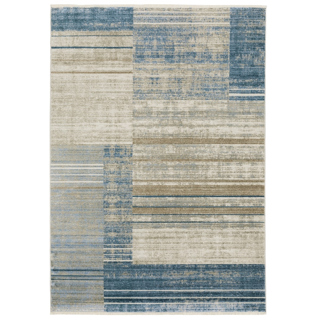 Biarritz Blue Beige Geometric Distressed Casual Area Rug