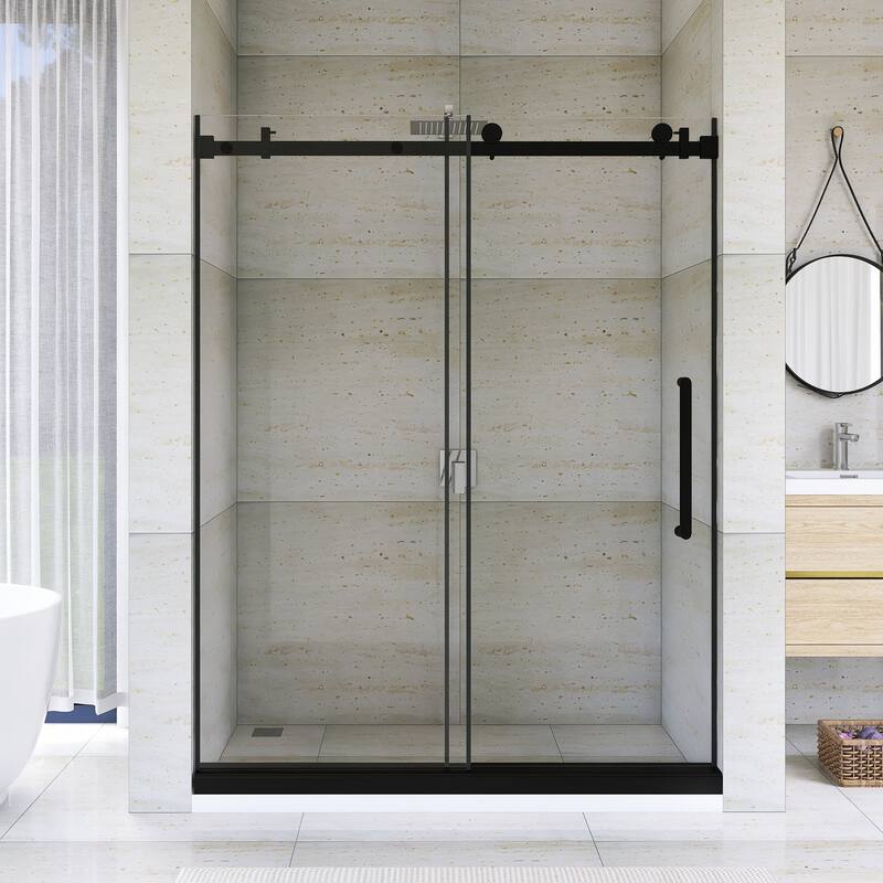 60" x 76" Sliding Frameless Shower Door - 60'' x 0.38'' x 76'' - Matt Black