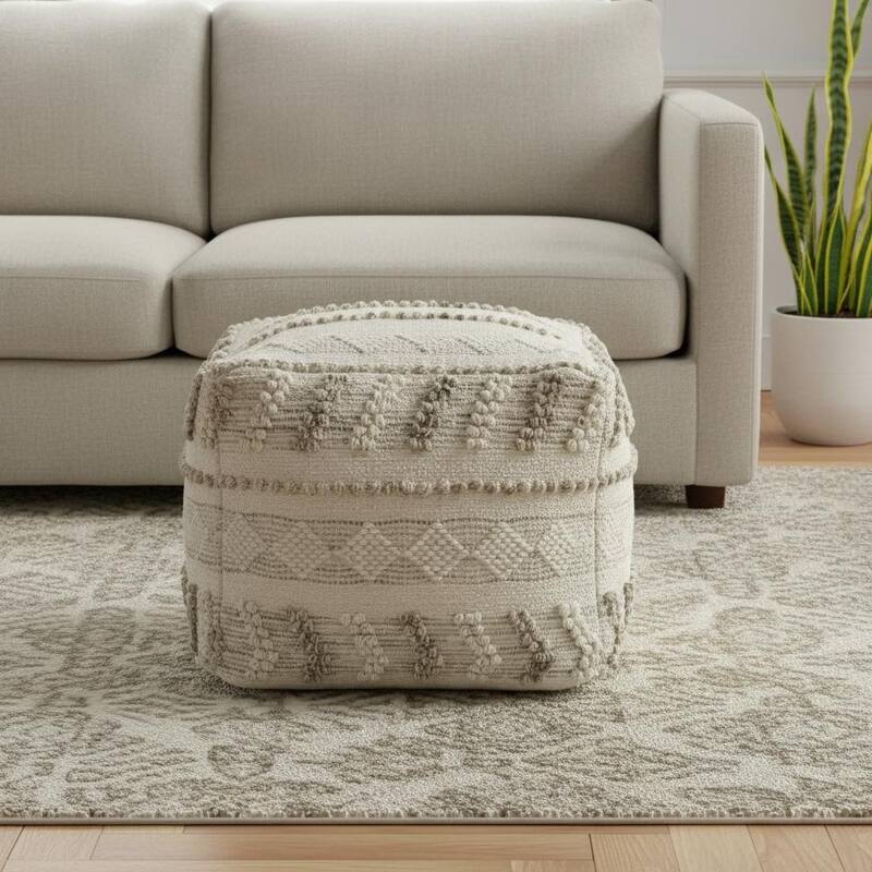 HomeRoots 18" Ivory and Natural Cotton And Wool Striped Pouf Ottoman - Natural/Ivory - 18.00 in. x 14.00 in.  x 18.00 in.