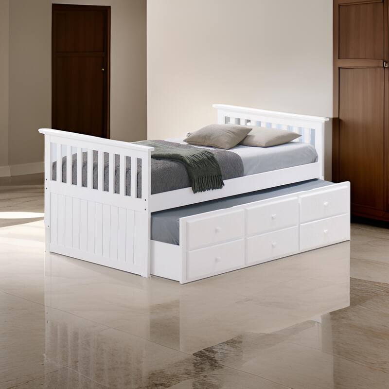 Clen Twin Captain Bed, Trundle with 3 Drawer Storage, White Solid Hardwood