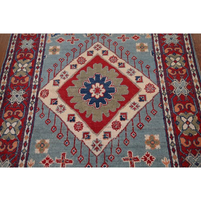 Light Blue Kazak Foyer Rug Hand-Knotted Wool Carpet - 3'3" x 4'11"