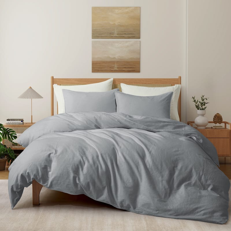 Linen Cotton Duvet Cover and Pillow Sham Set, Breathable and Skin-Friendly Bedding Set - King - Dark Gray