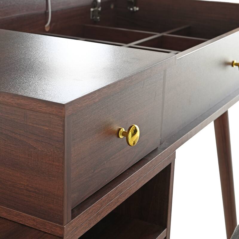 3-in-1 Vanity Desk with Lighted Flip-Top Mirror & Retractable Side Cabinet, Vanity Set with Stool & Storage Drawers