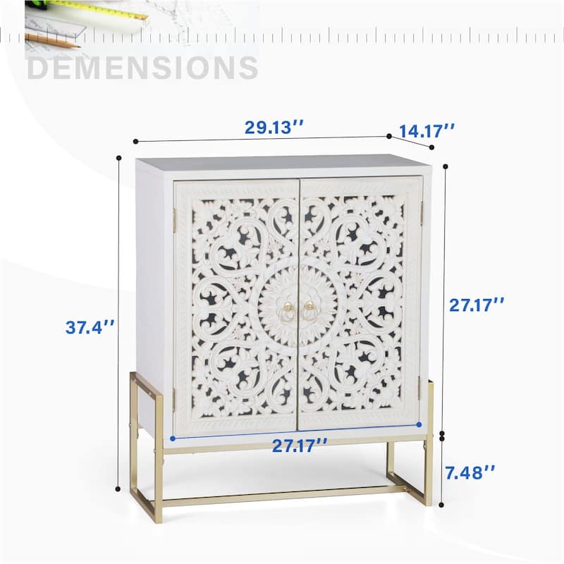 2-Door White Flower Hollow-Carved Metal Feet Cabinet