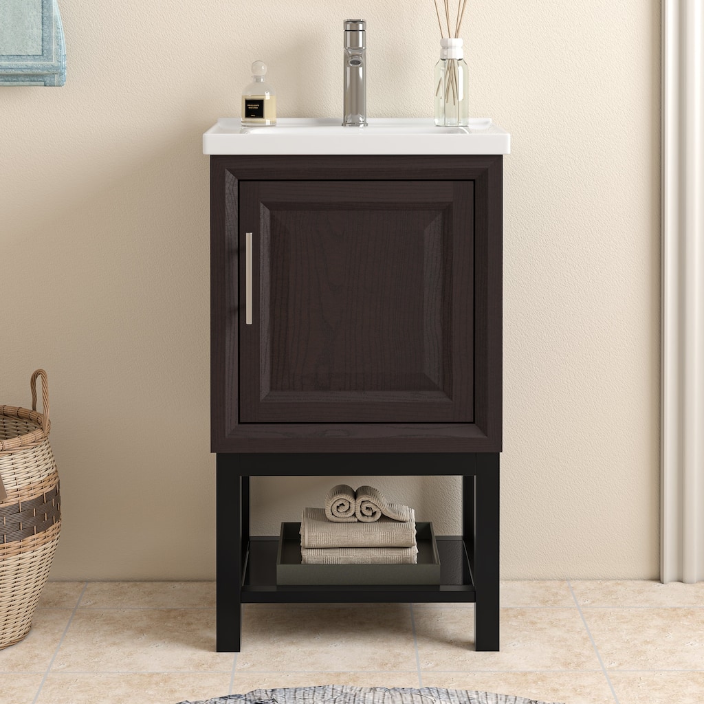 20'' Freestanding Single Sink Bathroom Vanity with Ceramic Top, Faucet Included, Bottom Glass Shelf & Storage Cabinet