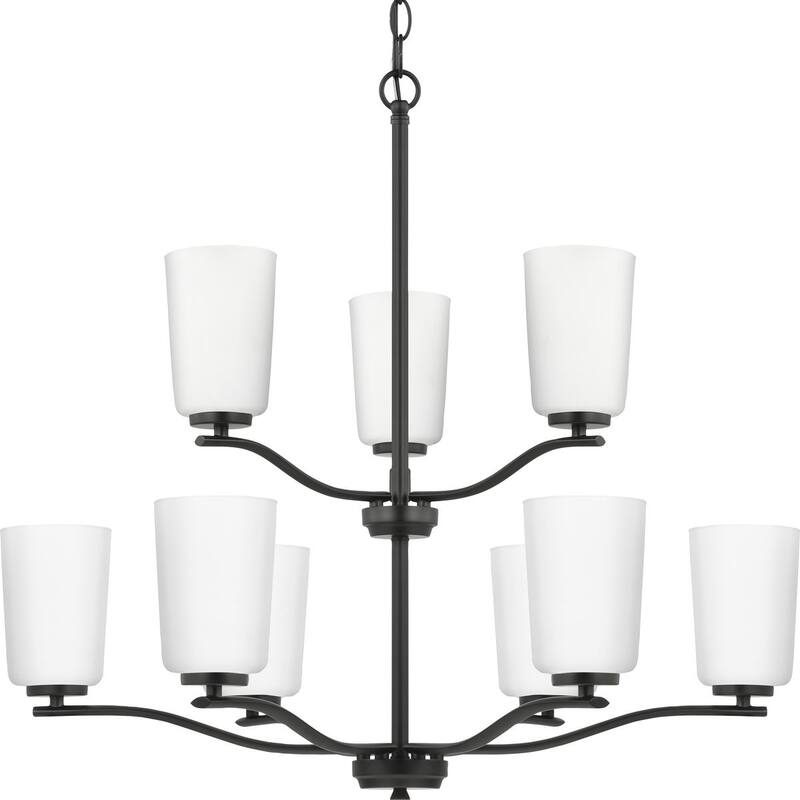 Adley Collection Nine-Light Matte Black Etched White Glass New Traditional Chandelier - 28 in x 28 in x 26.12 in - 28 in x 28 in x 26.12 in