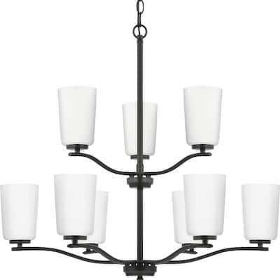 Adley Collection Nine-Light Matte Black Etched White Glass New Traditional Chandelier - 28 in x 28 in x 26.12 in