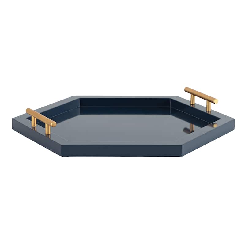Halsey Hexagon Decorative Wood Tray with Polished Metal Handles - 18x18 - Navy Blue