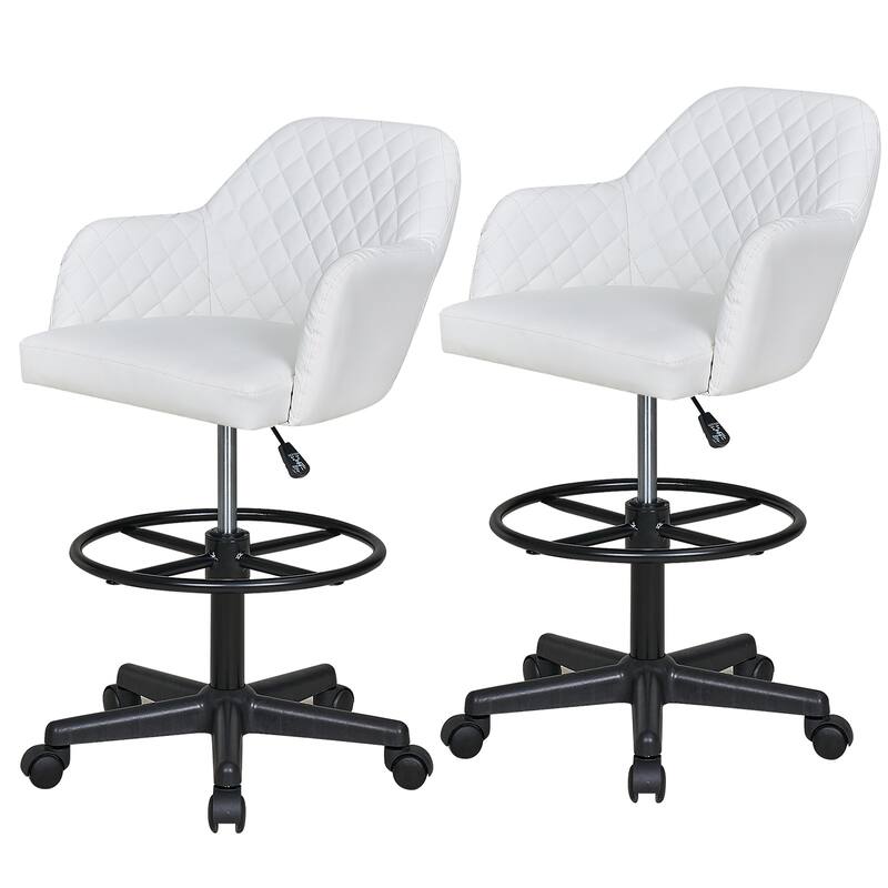 VECELO Contemporary PU Leather Drafting Chairs(Set of 2) Task Chair with Metal Frame and Back Home Ofiice Chairs - White